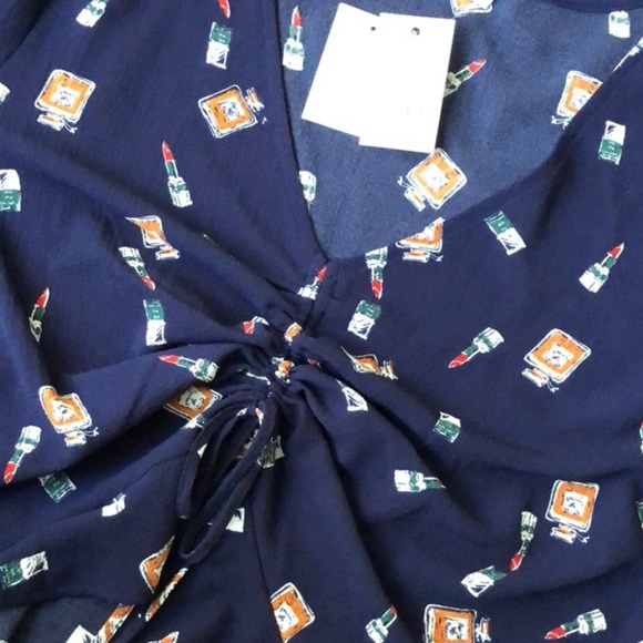 Elodie Blue Perfume Lipstick Print Ruffled Blouse - Picture 3 of 6